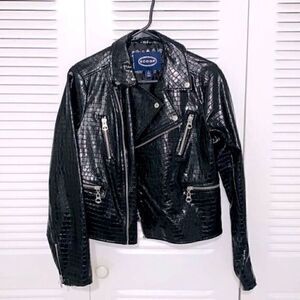 Vegan Leather Pleather Croc Embossed Shiny Moto Motorcycle Jacket with Zippers M
